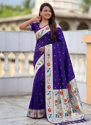 purple soft paithani style silk blend with zari weaving meenakari saree with blouse 3