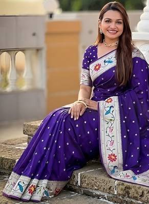 purple soft paithani style silk blend with zari weaving meenakari saree with blouse 4