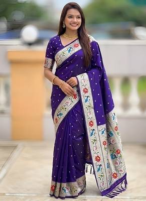 purple soft paithani style silk blend with zari weaving meenakari saree with blouse 5