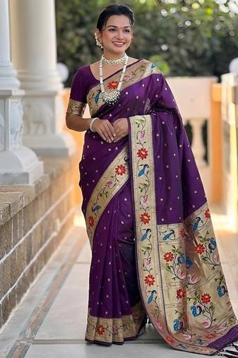 wine soft paithani style silk blend with zari weaving meenakari saree with blouse
