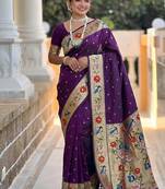 wine soft paithani style silk blend with zari weaving meenakari saree with blouse