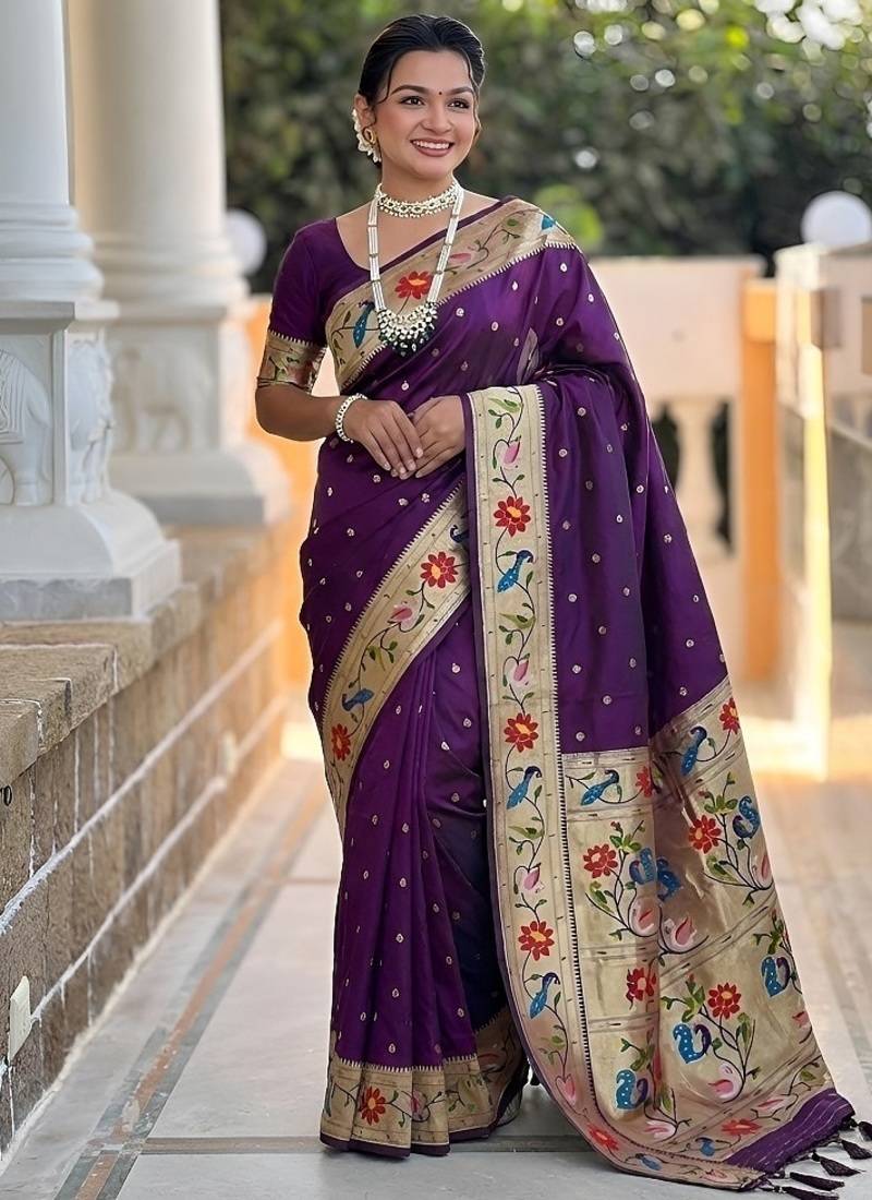 wine soft paithani style silk blend with zari weaving meenakari saree with blouse