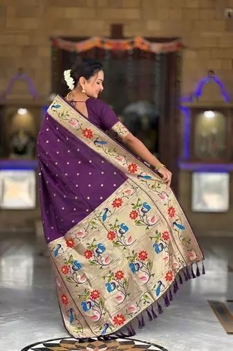 wine soft paithani style silk blend with zari weaving meenakari saree with blouse