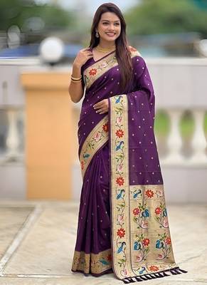 wine soft paithani style silk blend with zari weaving meenakari saree with blouse 3