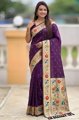 wine soft paithani style silk blend with zari weaving meenakari saree with blouse