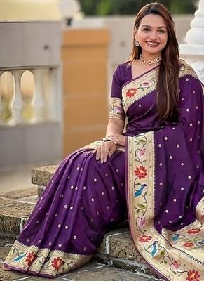 wine soft paithani style silk blend with zari weaving meenakari saree with blouse 4