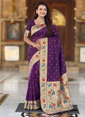 wine soft paithani style silk blend with zari weaving meenakari saree with blouse 5