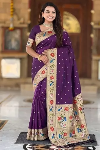 wine soft paithani style silk blend with zari weaving meenakari saree with blouse