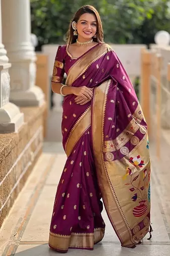 wine soft paithani style silk blend with zari weaving meenakari saree with blouse