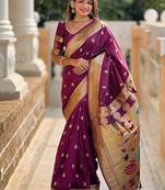 wine soft paithani style silk blend with zari weaving meenakari saree with blouse