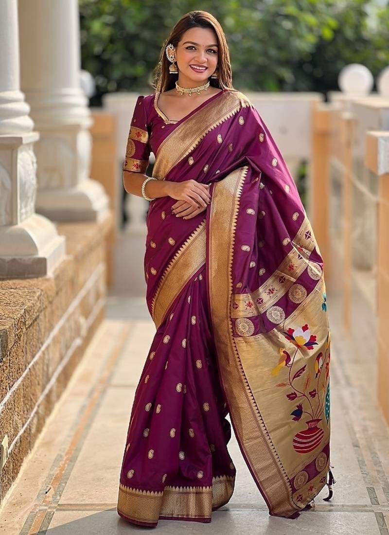 wine soft paithani style silk blend with zari weaving meenakari saree with blouse