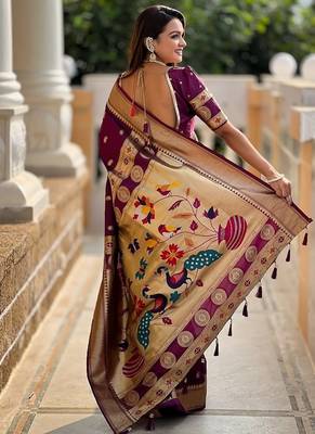 wine soft paithani style silk blend with zari weaving meenakari saree with blouse 2
