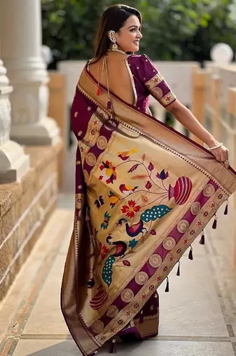 wine soft paithani style silk blend with zari weaving meenakari saree with blouse
