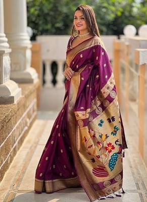 wine soft paithani style silk blend with zari weaving meenakari saree with blouse 3