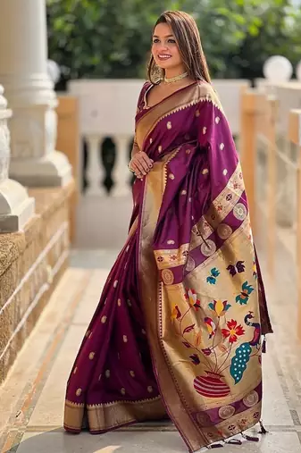 wine soft paithani style silk blend with zari weaving meenakari saree with blouse
