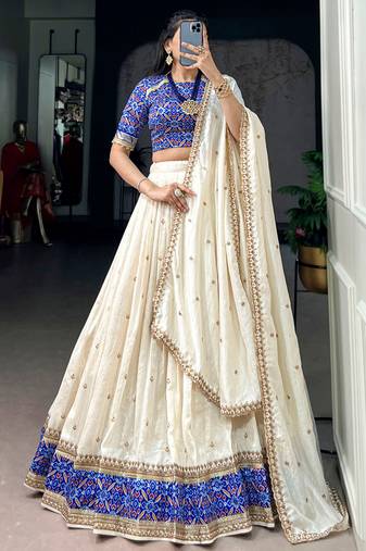 Off White Sequins Silk Festive Wear Lehenga Choli