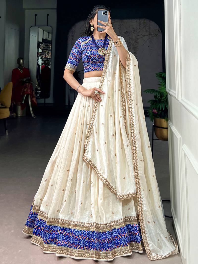 Off White Sequins Silk Festive Wear Lehenga Choli