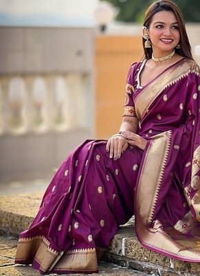 wine soft paithani style silk blend with zari weaving meenakari saree with blouse 4