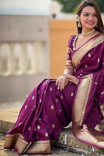 wine soft paithani style silk blend with zari weaving meenakari saree with blouse