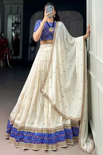 Off White Sequins Silk Festive Wear Lehenga Choli