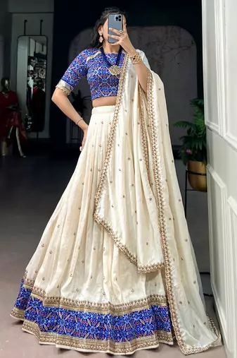 Off White Sequins Silk Festive Wear Lehenga Choli