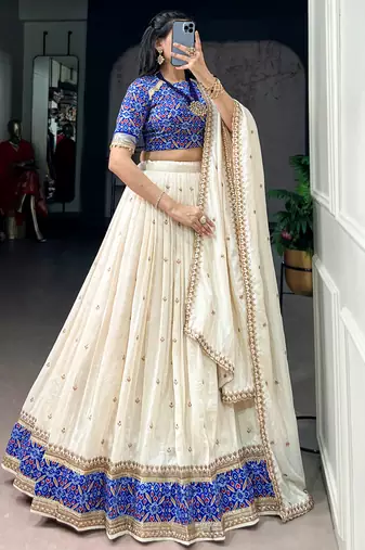 Off White Sequins Silk Festive Wear Lehenga Choli