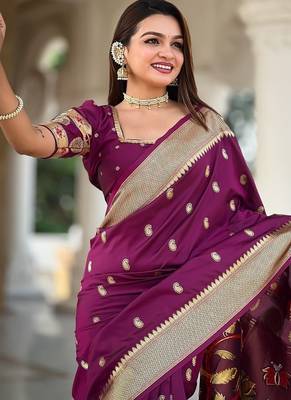 wine soft paithani style silk blend with zari weaving meenakari saree with blouse 5