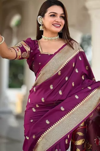 wine soft paithani style silk blend with zari weaving meenakari saree with blouse