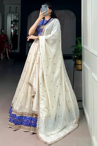 Off White Sequins Silk Festive Wear Lehenga Choli