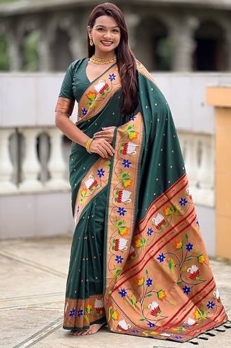 green soft paithani style silk blend with zari weaving meenakari saree with blouse