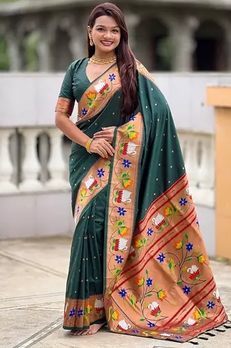 green soft paithani style silk blend with zari weaving meenakari saree with blouse