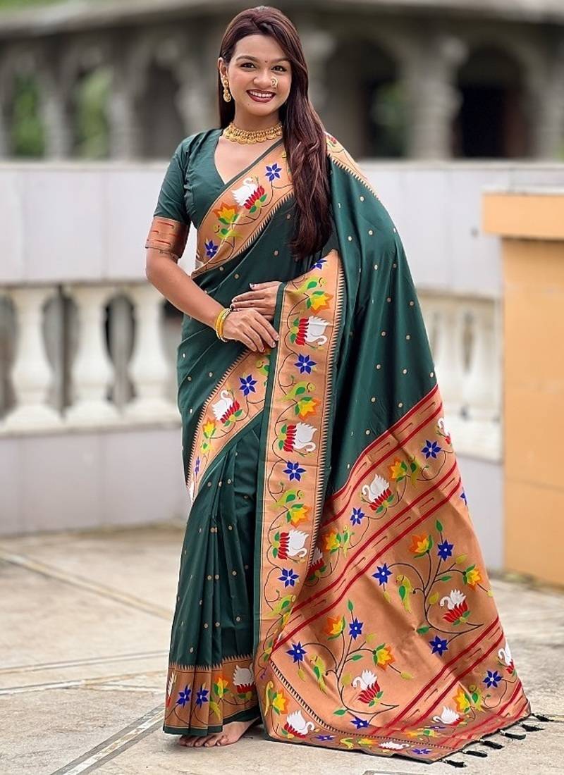 green soft paithani style silk blend with zari weaving meenakari saree with blouse