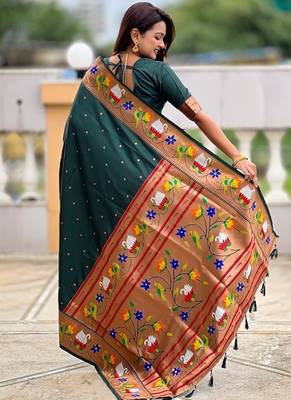 green soft paithani style silk blend with zari weaving meenakari saree with blouse 2