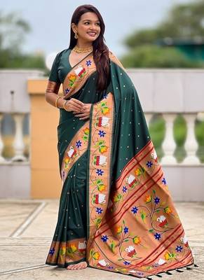 green soft paithani style silk blend with zari weaving meenakari saree with blouse 3