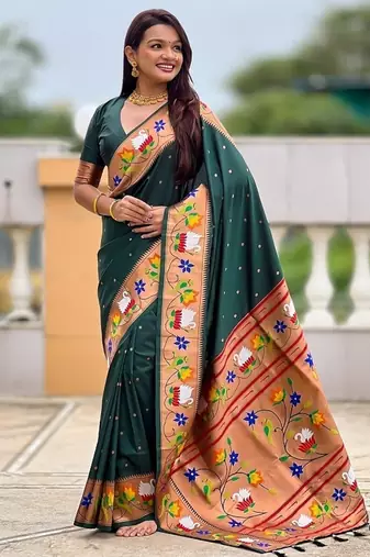 green soft paithani style silk blend with zari weaving meenakari saree with blouse