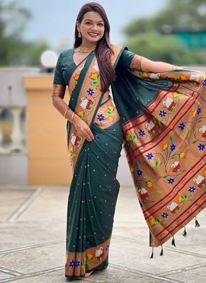 green soft paithani style silk blend with zari weaving meenakari saree with blouse 4
