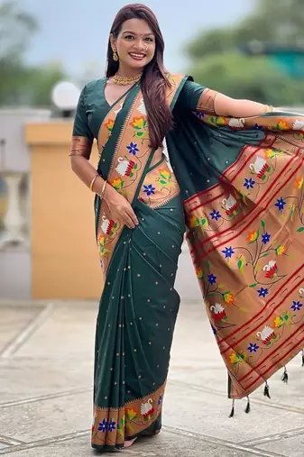 green soft paithani style silk blend with zari weaving meenakari saree with blouse