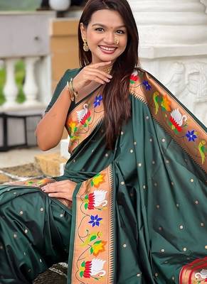 green soft paithani style silk blend with zari weaving meenakari saree with blouse 5