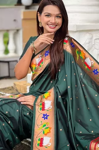green soft paithani style silk blend with zari weaving meenakari saree with blouse