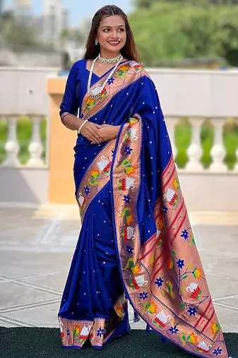 royalblue soft paithani style silk blend with zari weaving meenakari saree with blouse