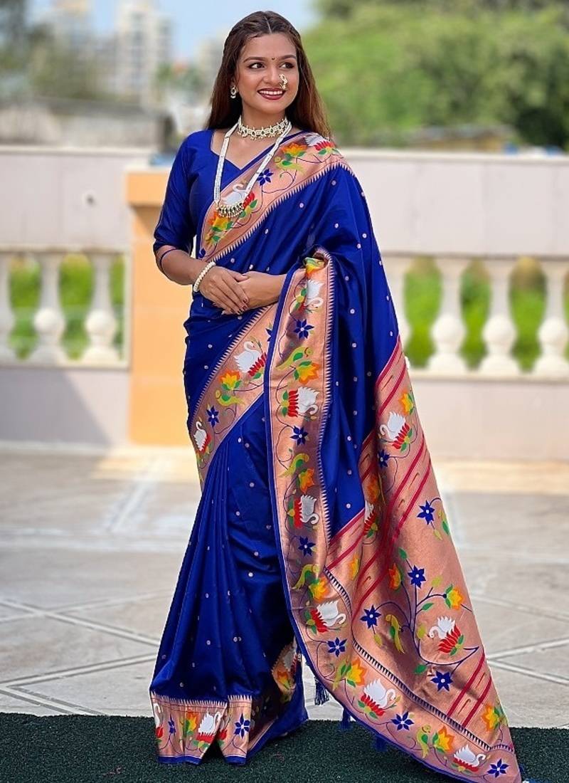 royalblue soft paithani style silk blend with zari weaving meenakari saree with blouse