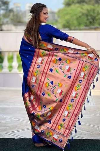 royalblue soft paithani style silk blend with zari weaving meenakari saree with blouse