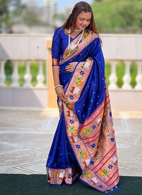 royalblue soft paithani style silk blend with zari weaving meenakari saree with blouse 3