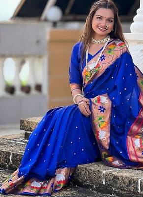 royalblue soft paithani style silk blend with zari weaving meenakari saree with blouse 4