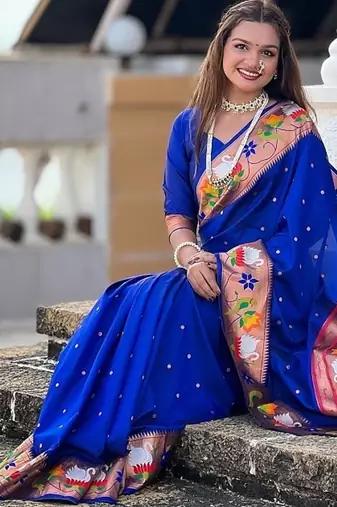 royalblue soft paithani style silk blend with zari weaving meenakari saree with blouse