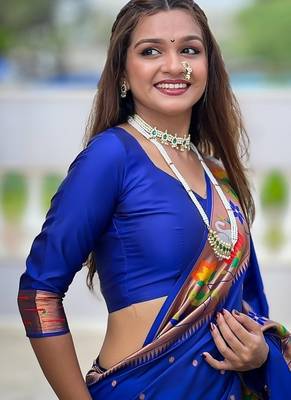 royalblue soft paithani style silk blend with zari weaving meenakari saree with blouse 5