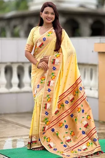 cream soft paithani style silk blend with zari weaving meenakari saree with blouse