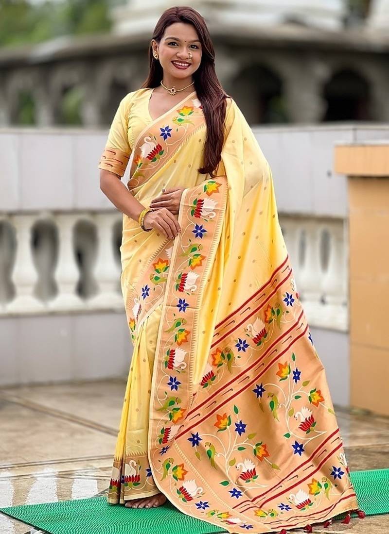 cream soft paithani style silk blend with zari weaving meenakari saree with blouse