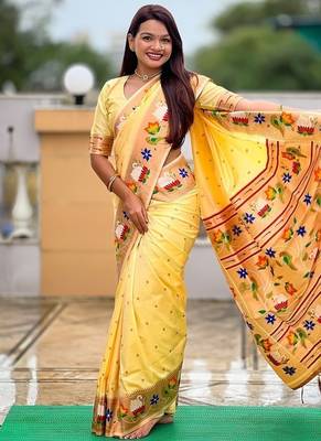 cream soft paithani style silk blend with zari weaving meenakari saree with blouse 3