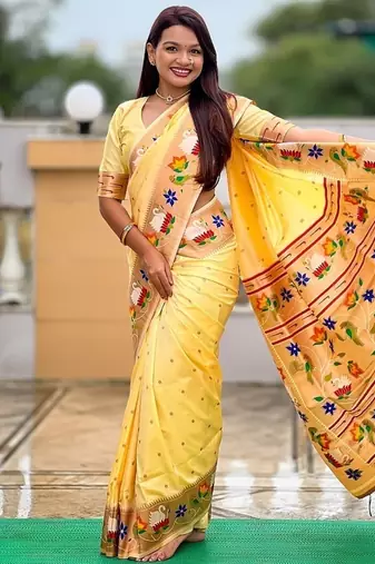 cream soft paithani style silk blend with zari weaving meenakari saree with blouse